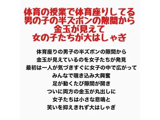 【体育の授業で体育座りしてる男の子の半ズボンの隙間から金玉が見えて女の子たちが大はしゃぎ】羞恥の星空 CFNM/CMNF